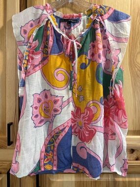Harve Benard Floral Colorful Artsy Tie-Neck Flutter Cap Sleeve Blouse Size L